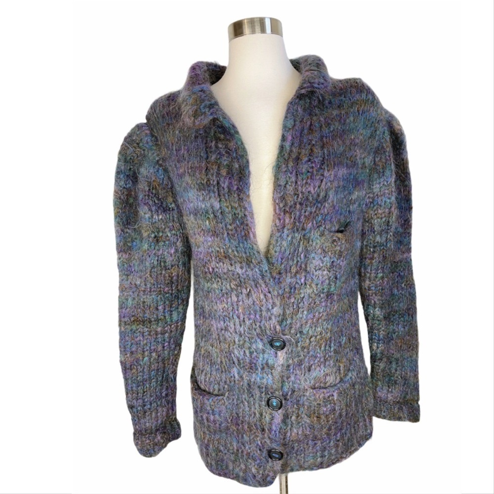 VTG Handmade Multicolored Wool Knit Collared Puffed Sleeve Cardigan Sweater.